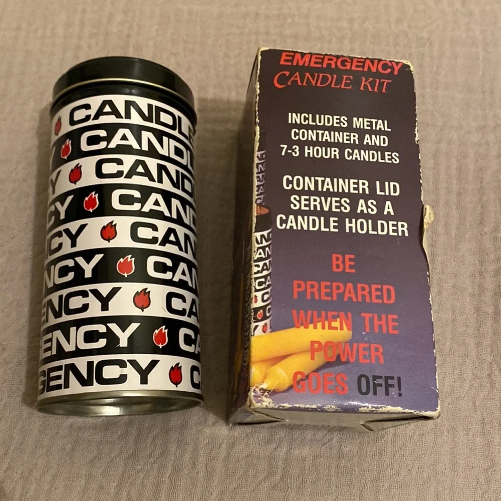Vintyge Emergency Candle Kit Metal Container with 7 Yellow Candles. New